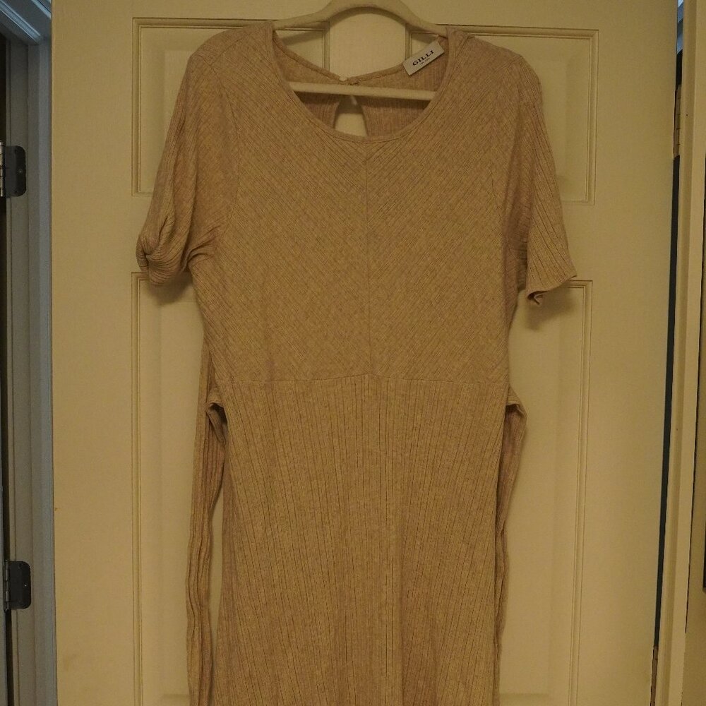 Gilli Oatmeal Rib Knit Dress 2X Short Sleeve Fit & Flare Soft Stretch